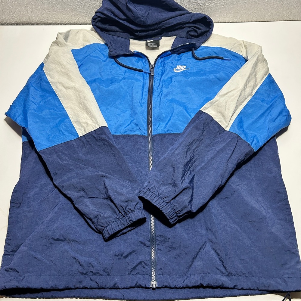 Nike Windbreaker Jacket Mens XL Blue Colorblock Hooded Full Zip Mesh Lined